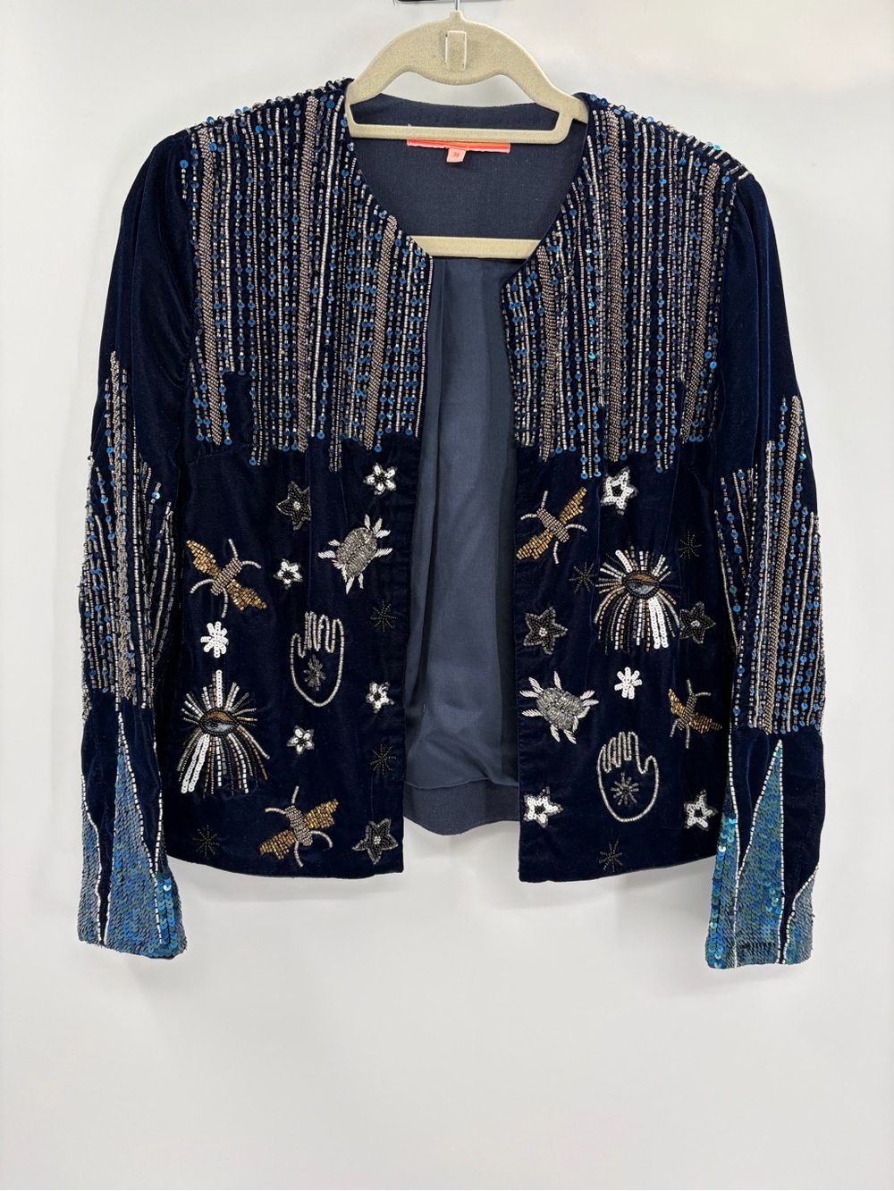 Vilagallo Anthropologie Navy Velvet Beaded Sequin Embellished Jacket Blazer US 6